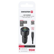 Adaptador Swissten Car Charger 2x USB-C PD + USB-A, 95 W + cabel USB-C / USB-C, 1 m
