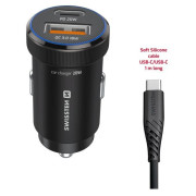 Adaptador Swissten Mini Car Charger USB-C PD + USB-A, 20W + cabel USB-C / USB-C, 1 m