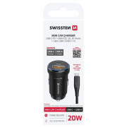 Adaptador Swissten Mini Car Charger USB-C PD + USB-A, 20W + cabel USB-C / USB-C, 1 m