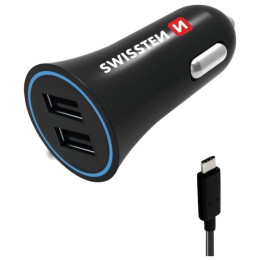 Adaptador para coche Swissten Car Charger + USB-C Cable negro Black