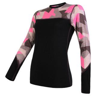 Camiseta funcional de mujer Sensor Merino Impress (long sleeve) negro/rosa Black/Camo