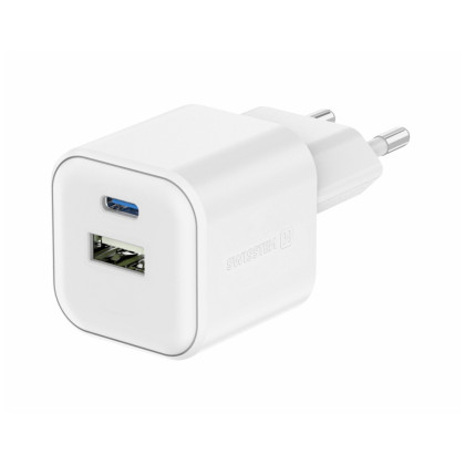 Cargador Swissten TRAVEL CHARGER GaN 1x USB-C 20W PD AND 1x USB-A 18W QC blanco