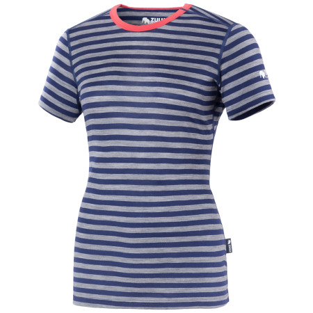 Camiseta de mujer Zulu Merino 160 Short Stripes azul/gris narrow stripes blue-grey/coral