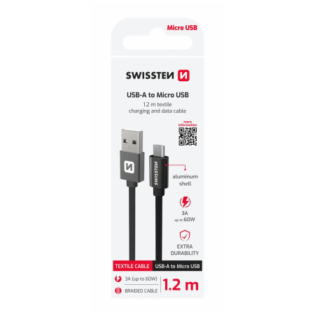 Cable de carga y datos Swissten Textile USB / Micro USB 1,2 m negro černá