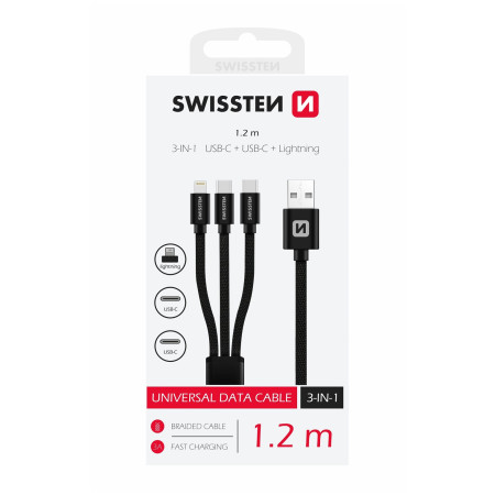 Cable de carga y datos Swissten DATA CABLE TEXTILE 3in1 1,2 M BLACK