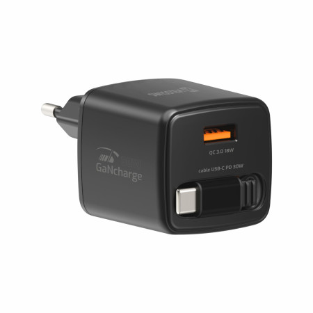 Adaptador Swissten SlideCharge Gan 30W, 1X USB-A 18W negro černá