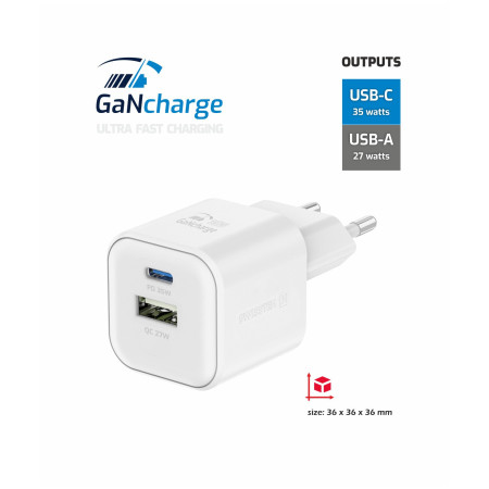 Cargador Swissten TRAVEL CHARGER GaN 1x USB-C 35W PD + 1x USB-A 27W QC