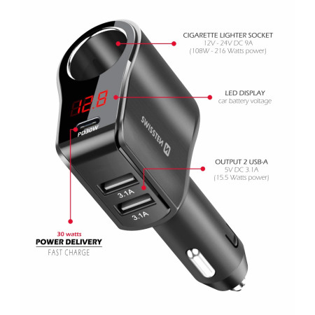 Adaptador para coche Swissten Car Adapter Compact 108W - 216W