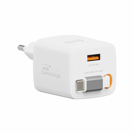 Adaptador Swissten SlideCharge Gan 45W, 1X USB-A 18W + kabel USB-C 0,75 m blanco bílá