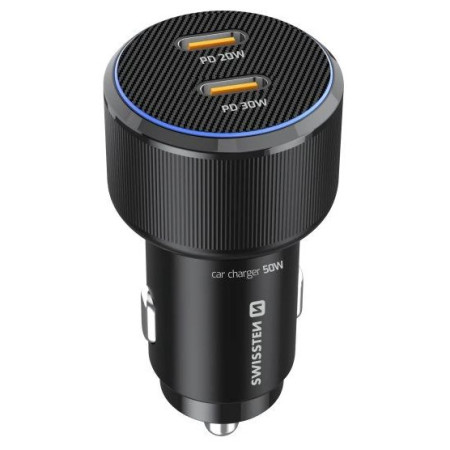 Adaptador Swissten Car Charger 2X USB-C PD, 50W + cabel USB-C / USB-C, 1 m