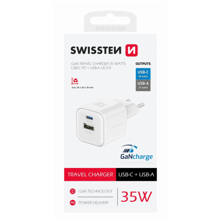 Cargador Swissten TRAVEL CHARGER GaN 1x USB-C 35W PD + 1x USB-A 27W QC