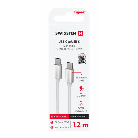 Cable de carga y datos Swissten Textile USB-C / USB-C 1,2 m plata stříbrná