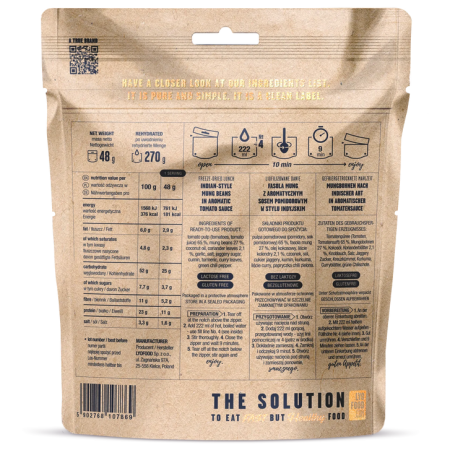 Comida deshidratada Lyo food Judías mungo al estilo indio con salsa de tomate 270 g