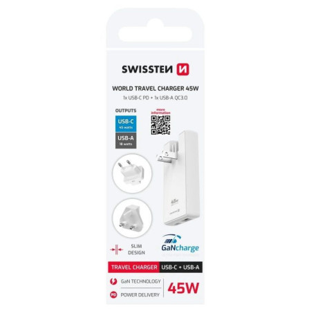 Adaptador Swissten World Travel Charger 45W GaN USB-C + USB-A
