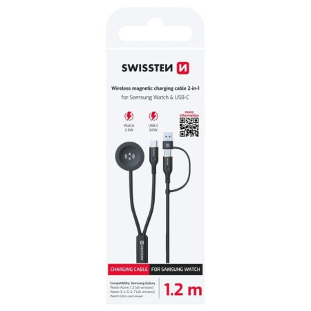 Cable de carga y datos Swissten Wireless magnetic charging cable 2in1 for Samsung Watch + USB-C 1,2 m