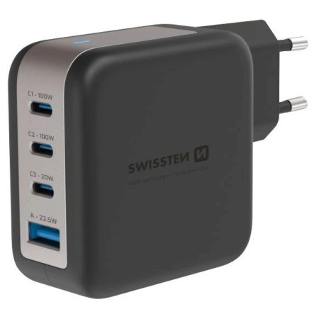 Adaptador Swissten GaN Travel Charger 100W 3X USB-C PD + USB-A