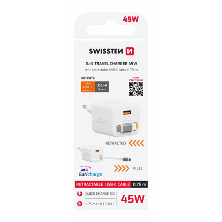 Adaptador Swissten SlideCharge Gan 45W, 1X USB-A 18W + kabel USB-C 0,75 m