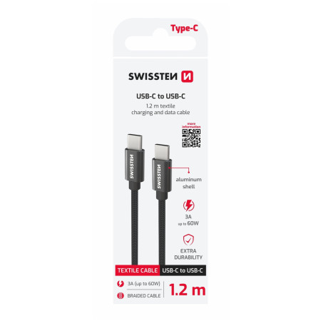 Cable de carga y datos Swissten Textile USB-C / USB-C 1,2 m negro černá