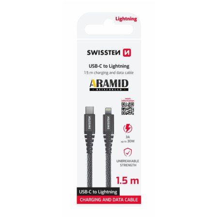 Cable de carga y datos Swissten Aramid Reinforced USB-C/Lightning 1,5 m