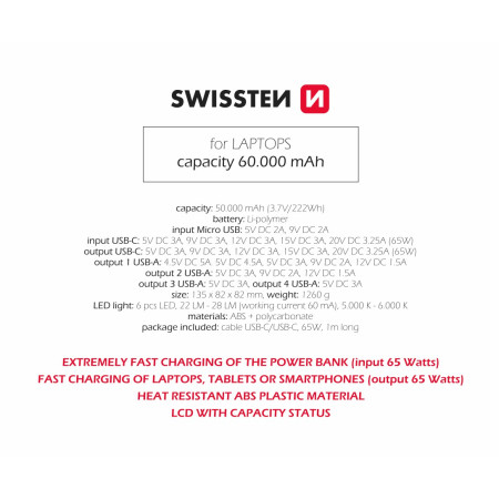 Batería externa Swissten Power Line 60000 mAh 65W