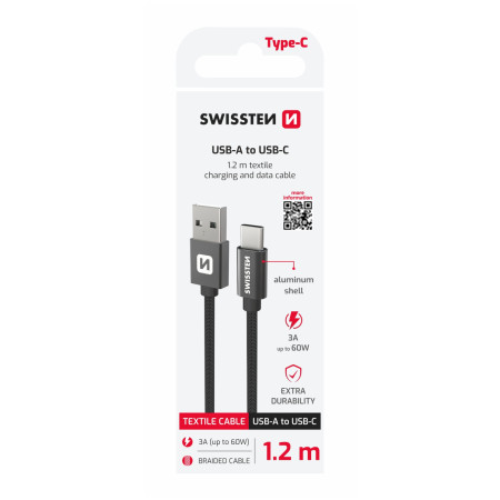 Cable de carga y datos Swissten Textile USB / USB-C 1,2 m negro černá