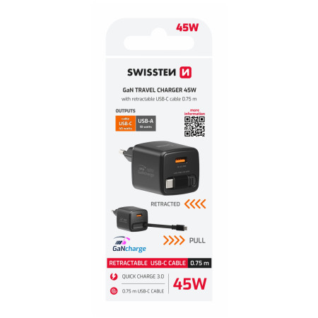Adaptador Swissten SlideCharge Gan 45W, 1X USB-A 18W + kabel USB-C 0,75 m