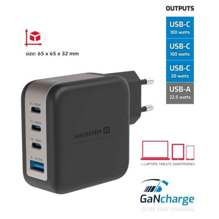 Adaptador Swissten GaN Travel Charger 100W 3X USB-C PD + USB-A