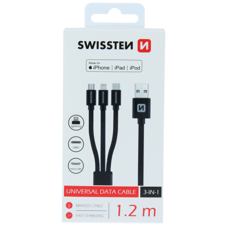 Cable de carga y datos Swissten TEXTILE 3in1