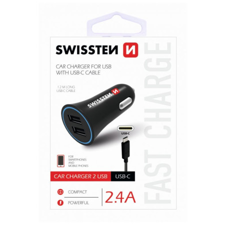 Adaptador para coche Swissten Car Charger + USB-C Cable