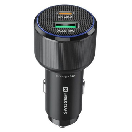 Adaptador Swissten Car Charger USB-C PD + USB-A, 63W + cabel USB-C / USB-C, 1 m