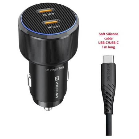 Adaptador Swissten Car Charger 2X USB-C PD, 50W + cabel USB-C / USB-C, 1 m