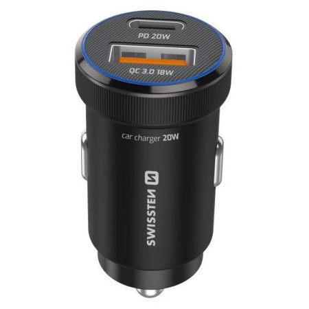 Adaptador Swissten Mini Car Charger USB-C PD + USB-A, 20W + cabel USB-C / USB-C, 1 m