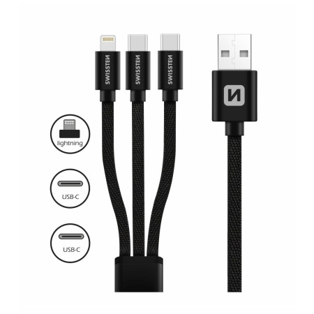 Cable de carga y datos Swissten DATA CABLE TEXTILE 3in1 1,2 M BLACK