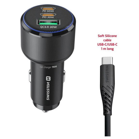 Adaptador Swissten Car Charger 2x USB-C PD + USB-A, 95 W + cabel USB-C / USB-C, 1 m