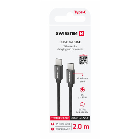 Cable de carga y datos Swissten Textile USB-C / USB-C 2 m negro černá