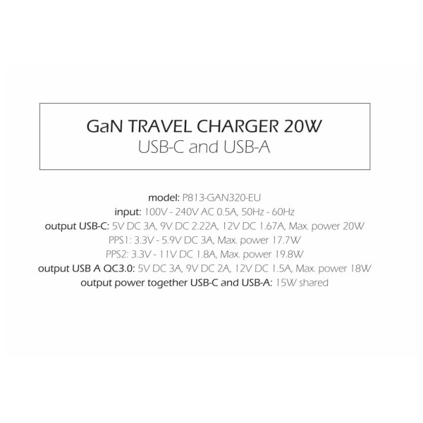 Cargador Swissten TRAVEL CHARGER GaN 1x USB-C 20W PD AND 1x USB-A 18W QC