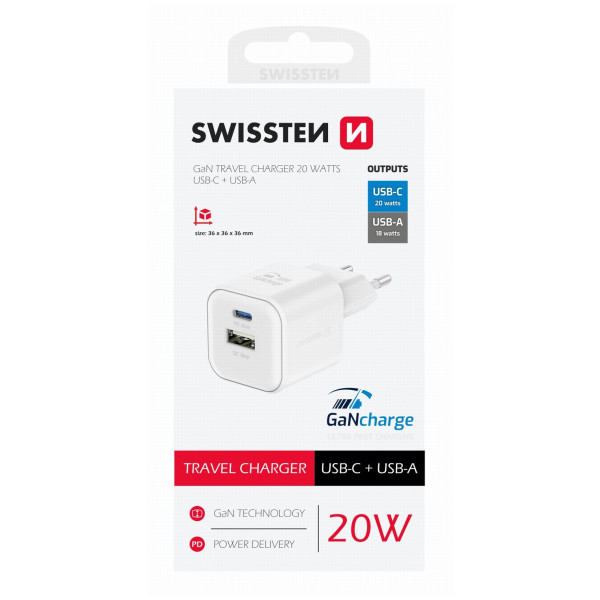 Cargador Swissten TRAVEL CHARGER GaN 1x USB-C 20W PD AND 1x USB-A 18W QC